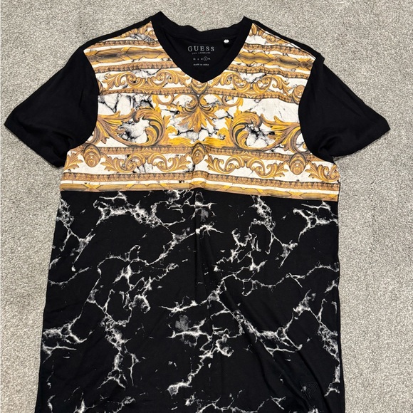 NWOT GUESS Black & Gold Baroque Marble V-Neck Tee – Luxe Designer Clubwear - Picture 3 of 6